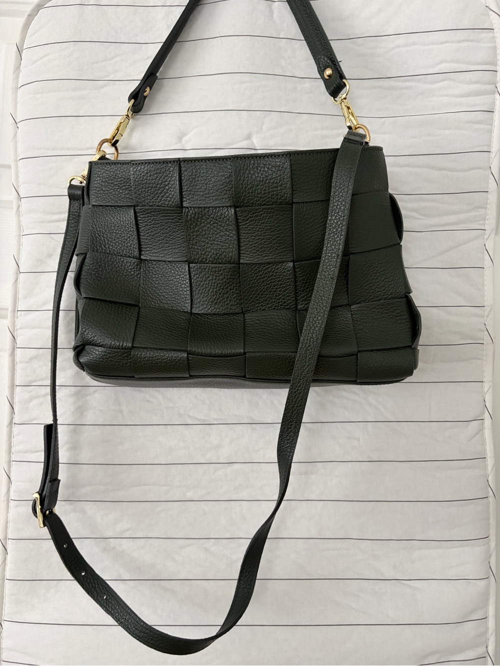 Woven Shoulder Bag in Dark Green with Gold Hardware